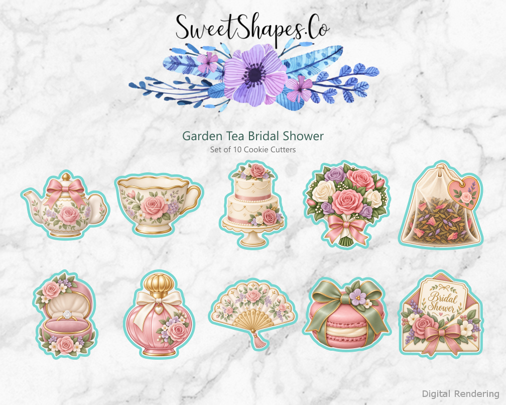 Garden Tea Bridal Shower Cookie Cutters - Set of 10 - full colour overview with cutting outlines