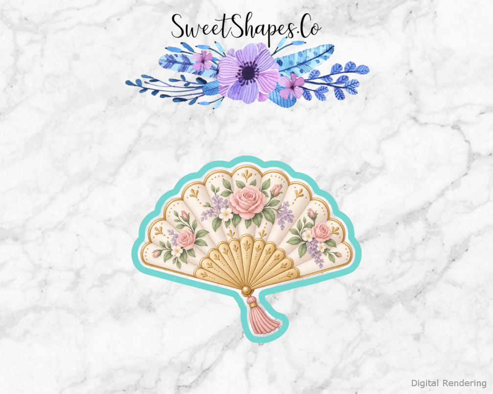 Garden Tea Garden Hand Fan cookie cutter artwork with teal cutting outline - part of the Garden Tea Bridal Shower set