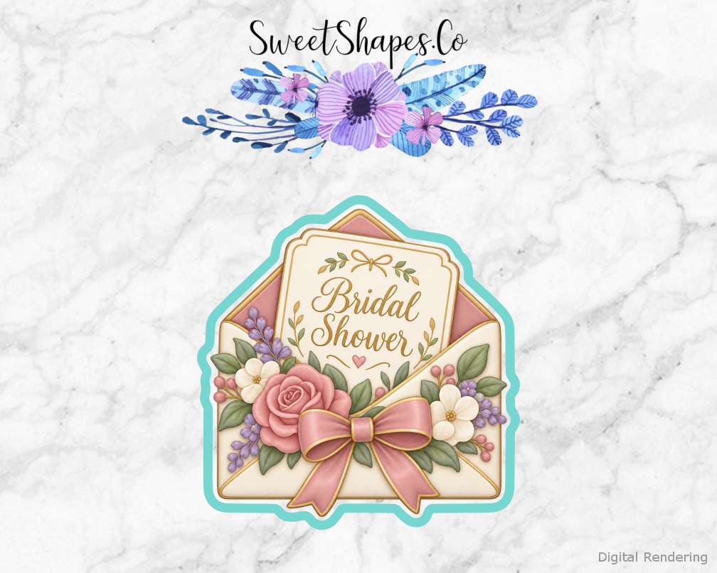 Garden Tea Floral Shower Invitation cookie cutter artwork with teal cutting outline - part of the Garden Tea Bridal Shower set