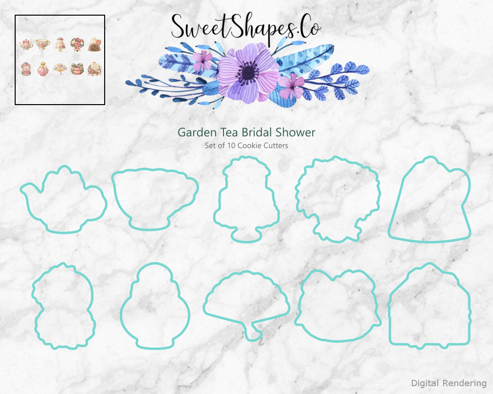 Garden Tea Bridal Shower Cookie Cutters - Set of 10 - cutting outline overview