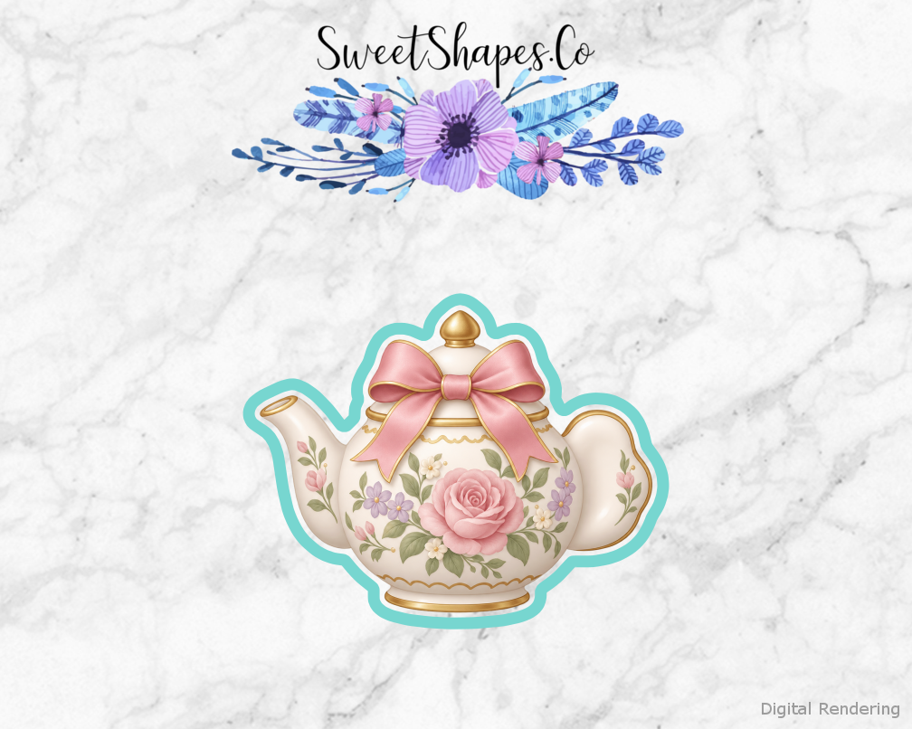Garden Tea Bow-Topped Teapot cookie cutter artwork with teal cutting outline - part of the Garden Tea Bridal Shower set