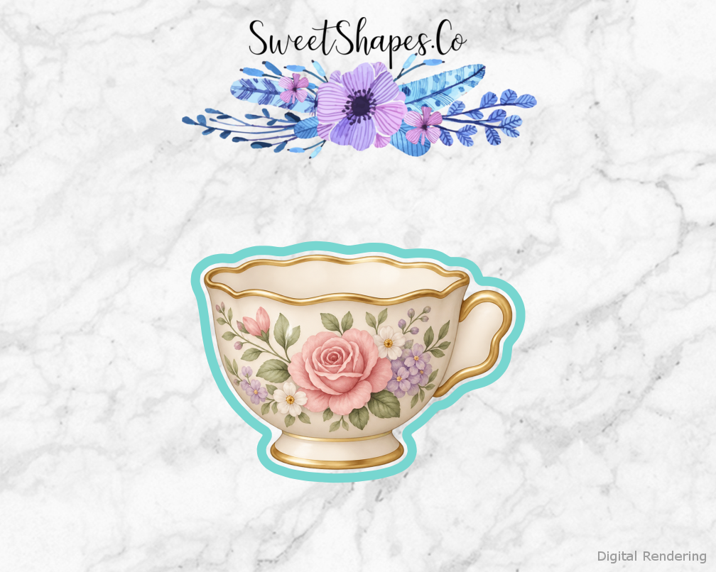 Garden Tea Floral Teacup cookie cutter artwork with teal cutting outline - part of the Garden Tea Bridal Shower set
