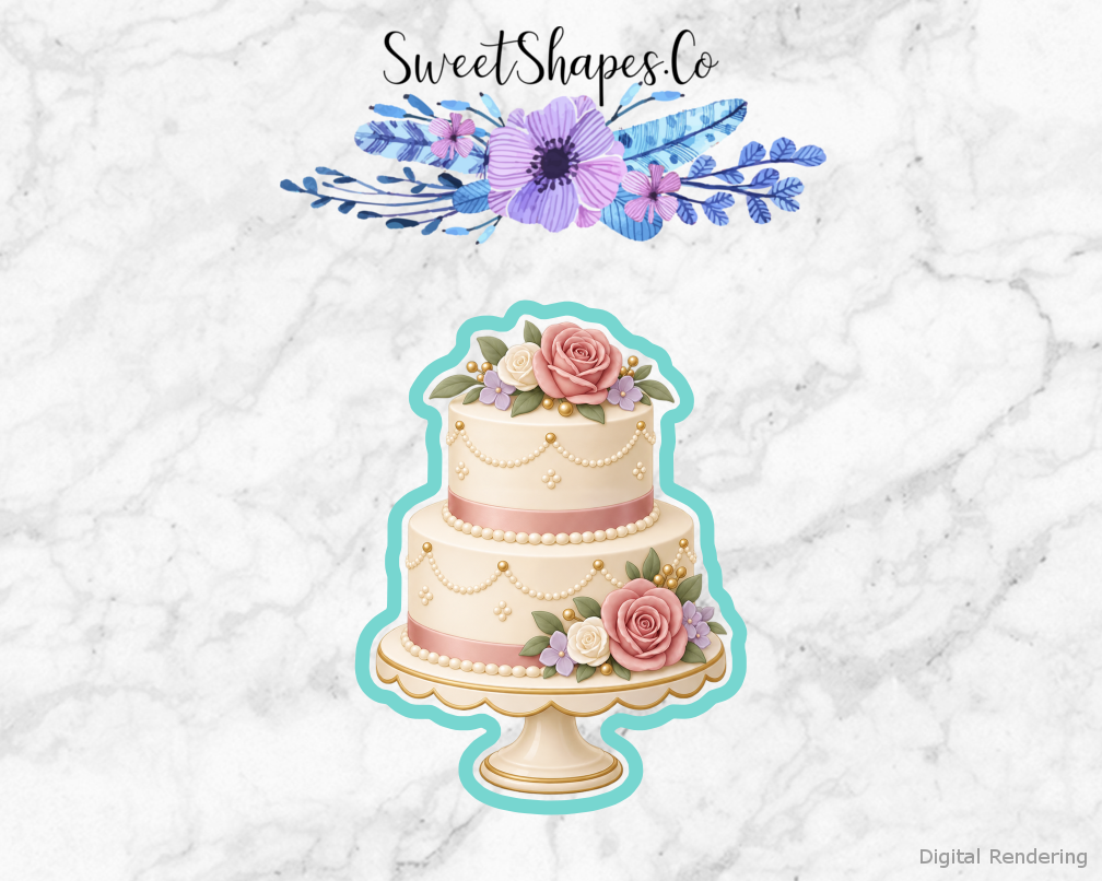 Garden Tea Bridal Cake On A Stand cookie cutter artwork with teal cutting outline - part of the Garden Tea Bridal Shower set