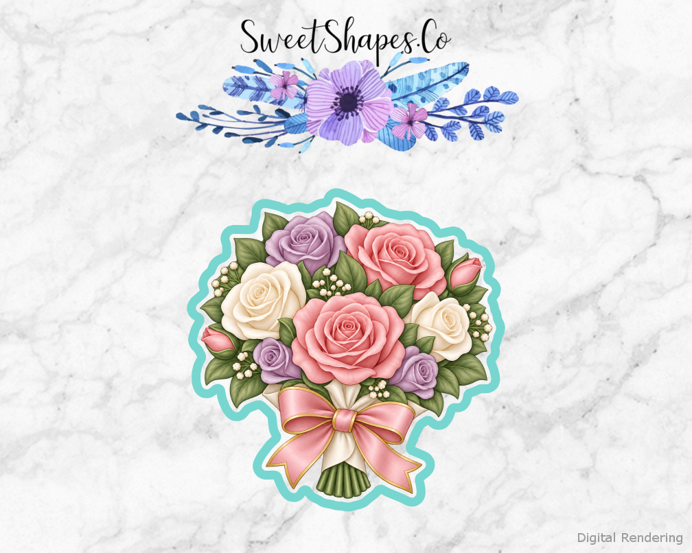 Garden Tea Rose Bouquet cookie cutter artwork with teal cutting outline - part of the Garden Tea Bridal Shower set