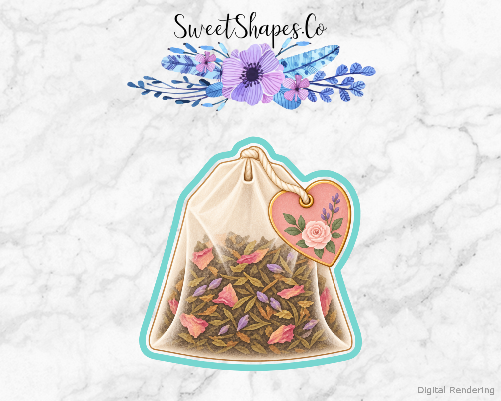 Garden Tea Heart-Tag Tea Bag cookie cutter artwork with teal cutting outline - part of the Garden Tea Bridal Shower set