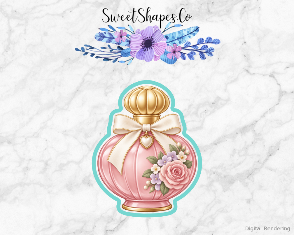 Garden Tea Bridal Perfume Bottle cookie cutter artwork with teal cutting outline - part of the Garden Tea Bridal Shower set