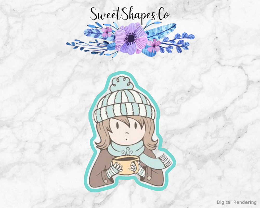 Girl With A Coffee Cup Cookie Cutter — artwork with a close-fitting teal outline