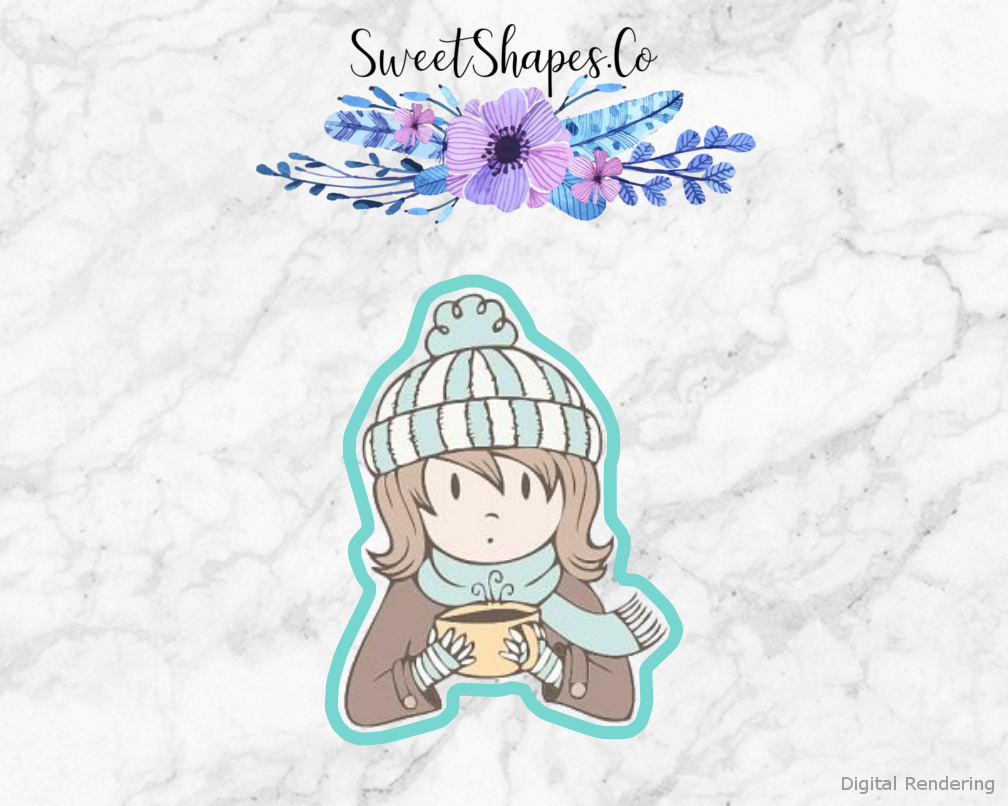 Girl With A Coffee Cup Cookie Cutter — artwork with a close-fitting teal outline
