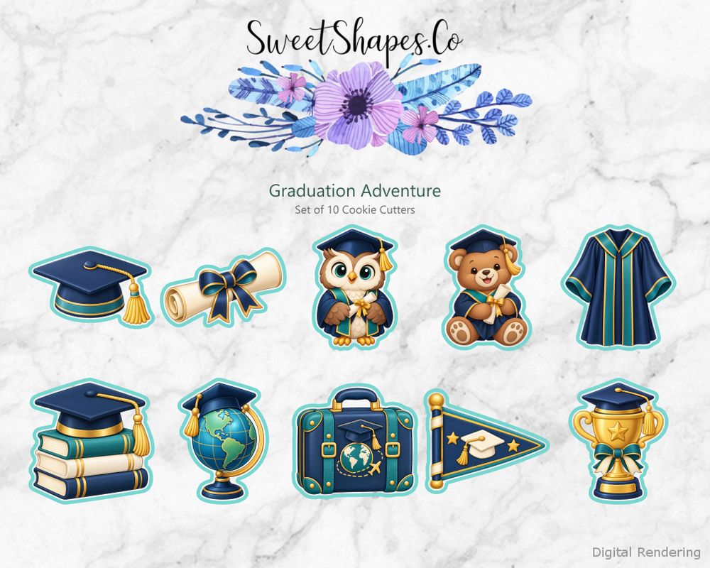 Graduation Adventure Cookie Cutters - Set of 10 - full colour overview with cutting outlines