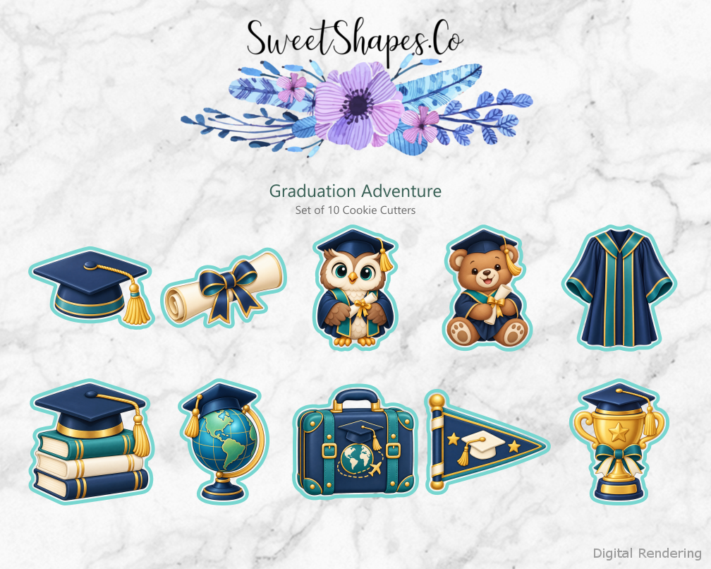 Graduation Adventure Cookie Cutters - Set of 10 - full colour overview with cutting outlines