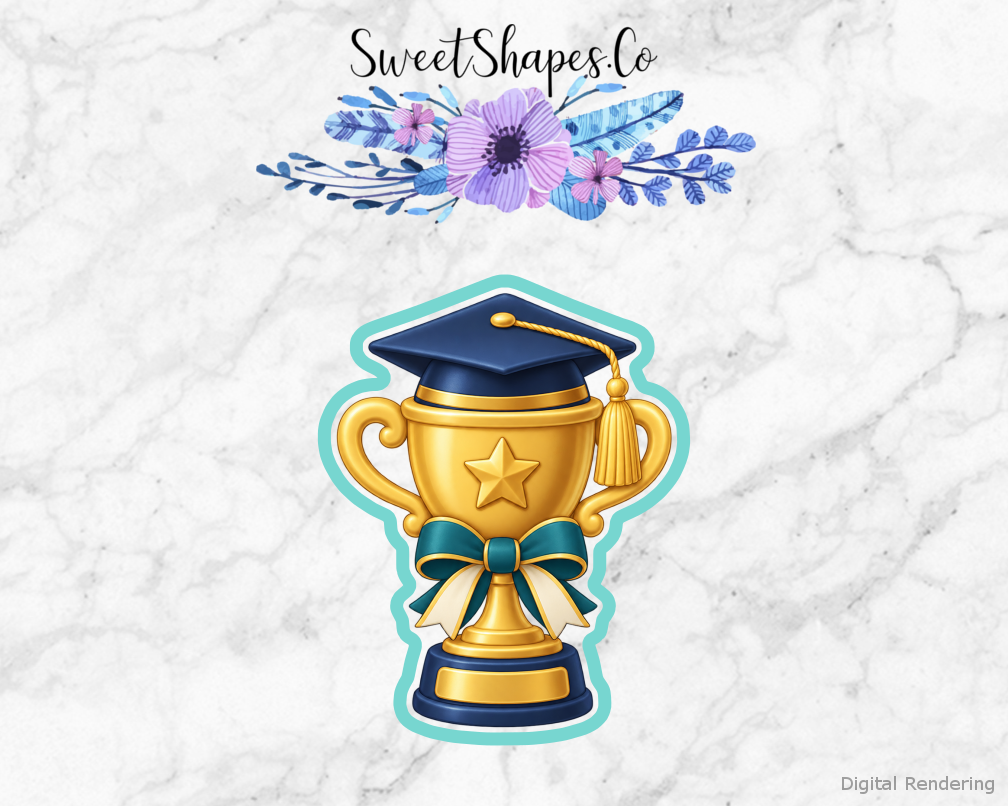 Grad Adventure Graduation Award Cup cookie cutter artwork with teal cutting outline - part of the Graduation Adventure set