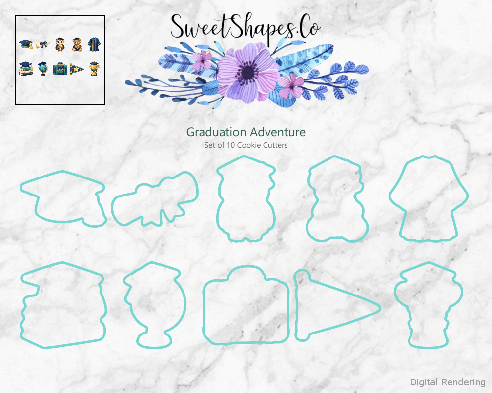 Graduation Adventure Cookie Cutters - Set of 10 - cutting outline overview
