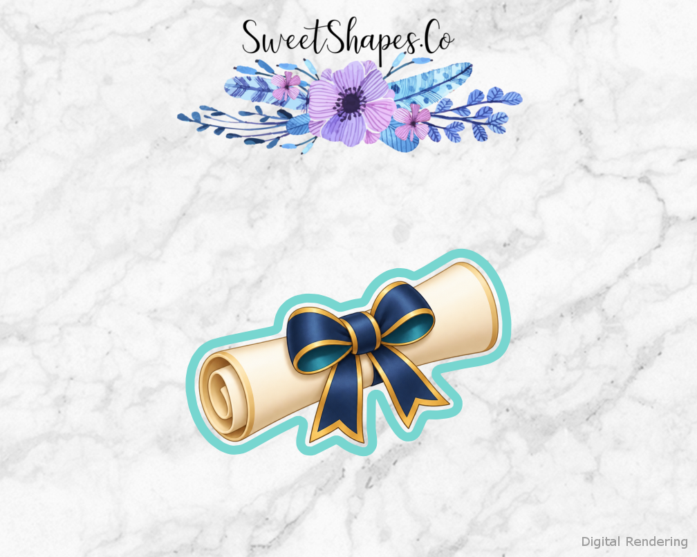 Grad Adventure Rolled Diploma with Ribbon cookie cutter artwork with teal cutting outline - part of the Graduation Adventure set