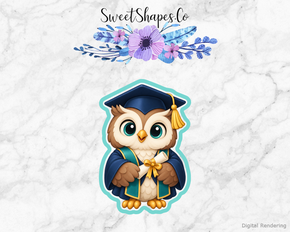Grad Adventure Graduate Owl cookie cutter artwork with teal cutting outline - part of the Graduation Adventure set