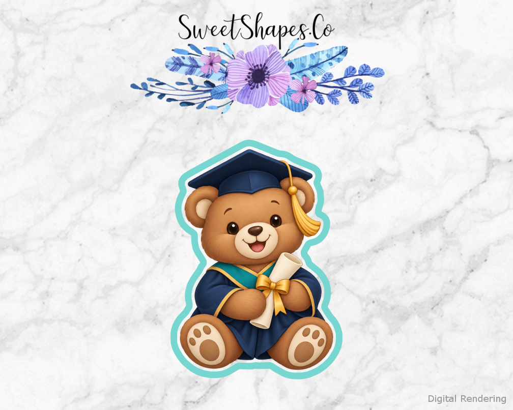 Grad Adventure Graduation Bear with Diploma cookie cutter artwork with teal cutting outline - part of the Graduation Adventure set