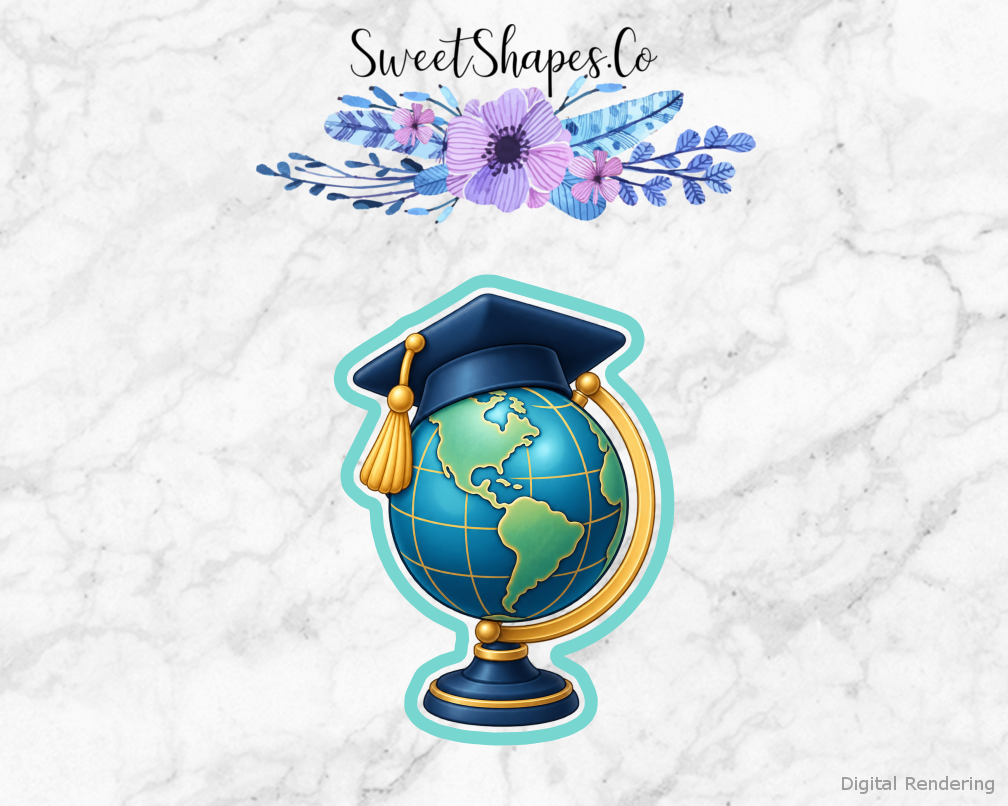 Grad Adventure Graduation Globe cookie cutter artwork with teal cutting outline - part of the Graduation Adventure set