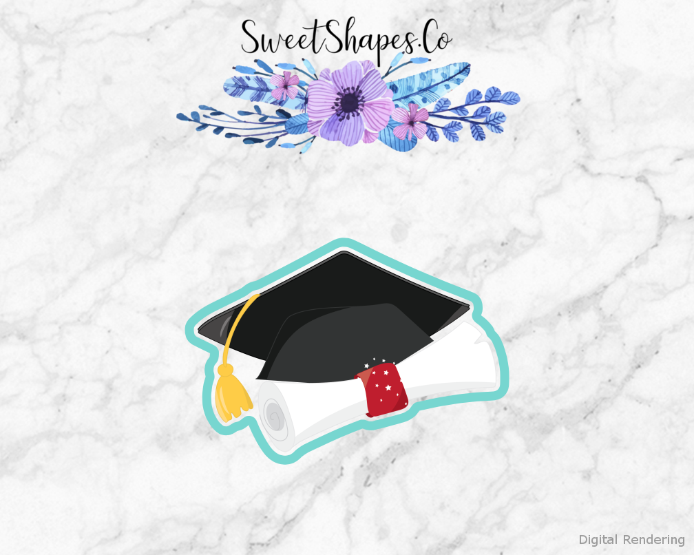 Graduation Cap with Diploma Cookie Cutter — artwork with a close-fitting teal outline