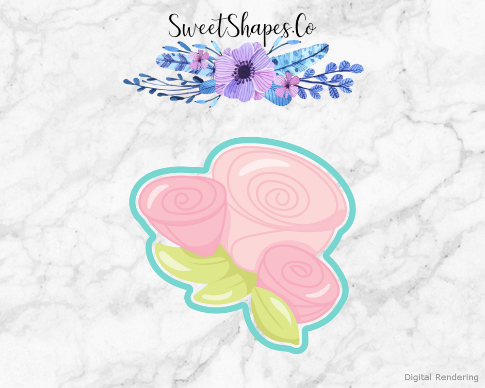 Group of Three Roses Cookie Cutter — artwork with a close-fitting teal outline