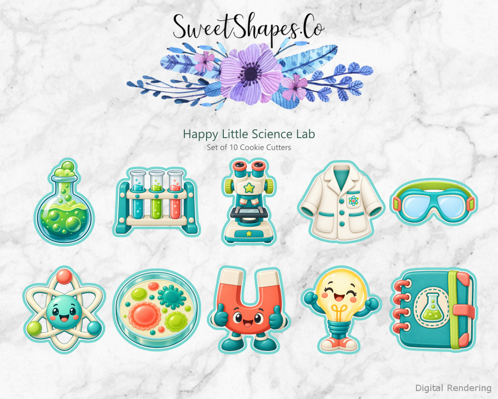 Happy Little Science Lab Cookie Cutters - Set of 10 - full colour overview with cutting outlines