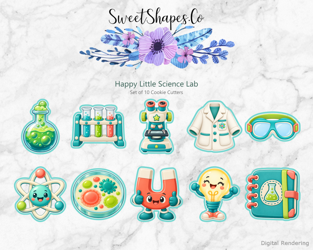 Happy Little Science Lab Cookie Cutters - Set of 10 - full colour overview with cutting outlines