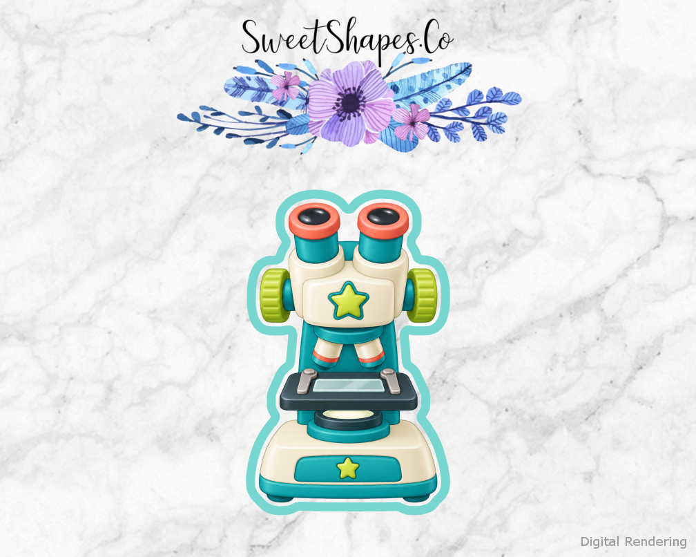 Little Lab Microscope with Star Detail cookie cutter artwork with teal cutting outline - part of the Happy Little Science Lab set