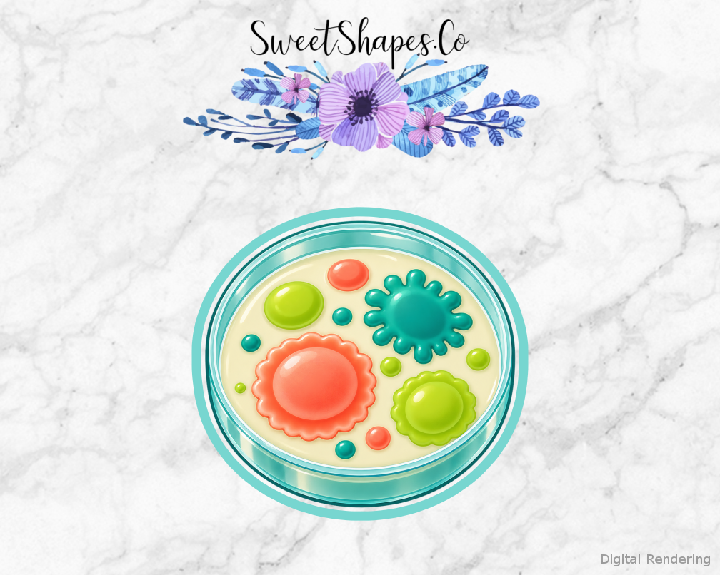 Little Lab Petri Dish with Bold Colonies cookie cutter artwork with teal cutting outline - part of the Happy Little Science Lab set
