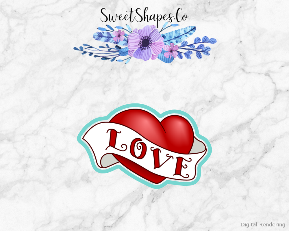 Heart with Banner Cookie Cutter — artwork with a close-fitting teal outline