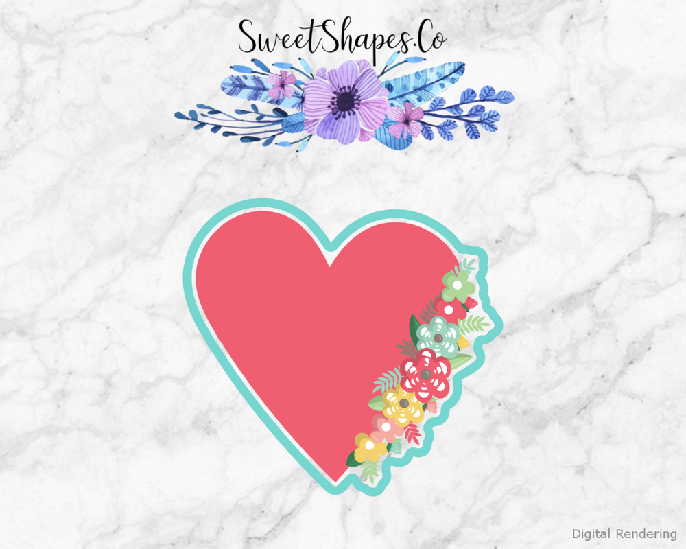 Heart with Florals Cookie Cutter — artwork with a close-fitting teal outline