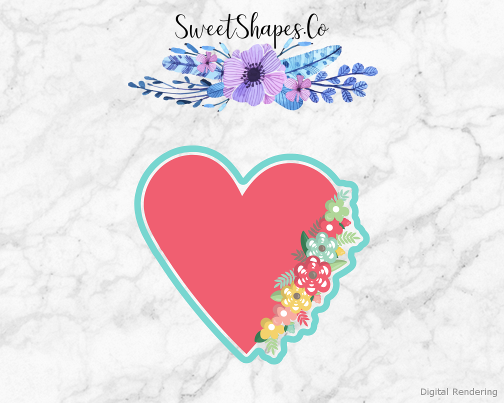 Heart with Florals Cookie Cutter — artwork with a close-fitting teal outline