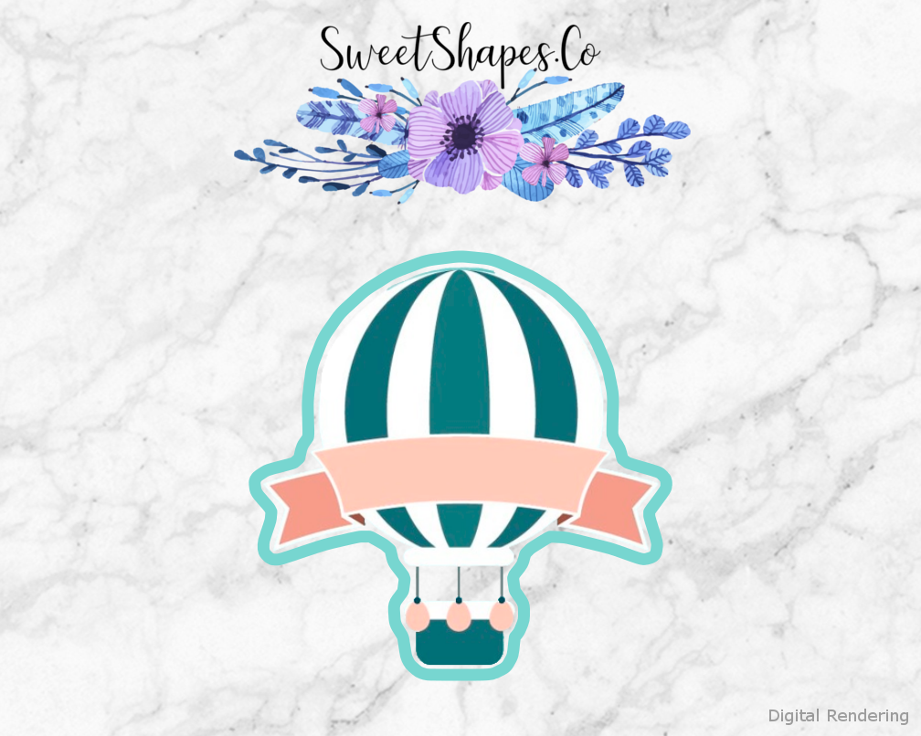 Hot Air Balloon with Banner Cookie Cutter — artwork with a close-fitting teal outline