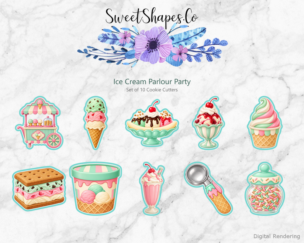 Ice Cream Parlour Party Cookie Cutters - Set of 10 - full colour overview with cutting outlines
