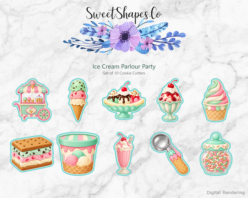 Ice Cream Parlour Party Cookie Cutters - Set of 10 - full colour overview with cutting outlines
