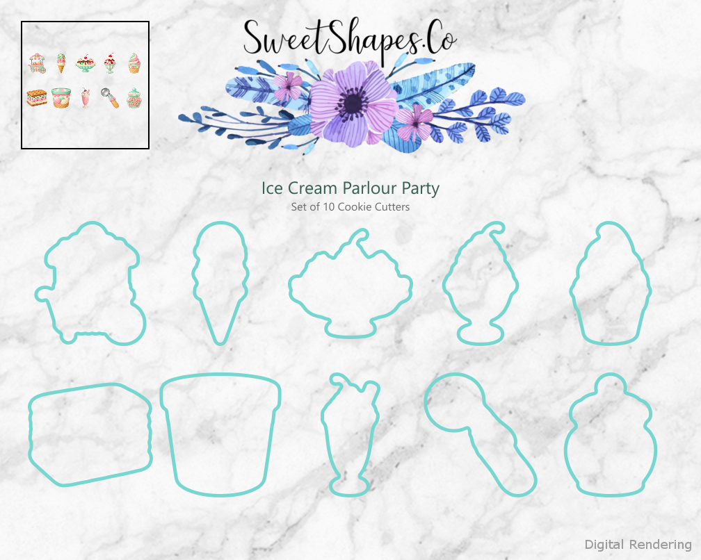 Ice Cream Parlour Party Cookie Cutters - Set of 10 - cutting outline overview