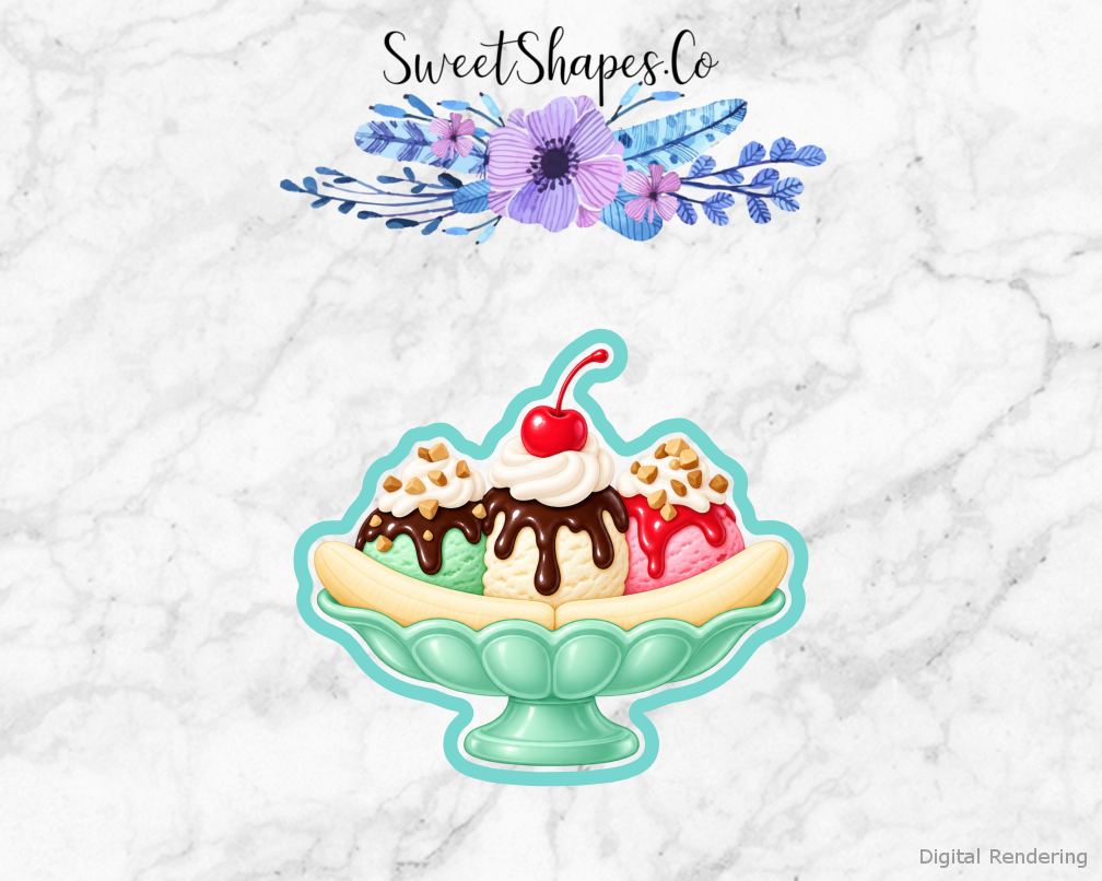 Ice Cream Parlour Banana Split Dish cookie cutter artwork with teal cutting outline - part of the Ice Cream Parlour Party set