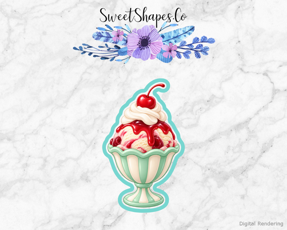 Ice Cream Parlour Cherry Sundae Cup cookie cutter artwork with teal cutting outline - part of the Ice Cream Parlour Party set