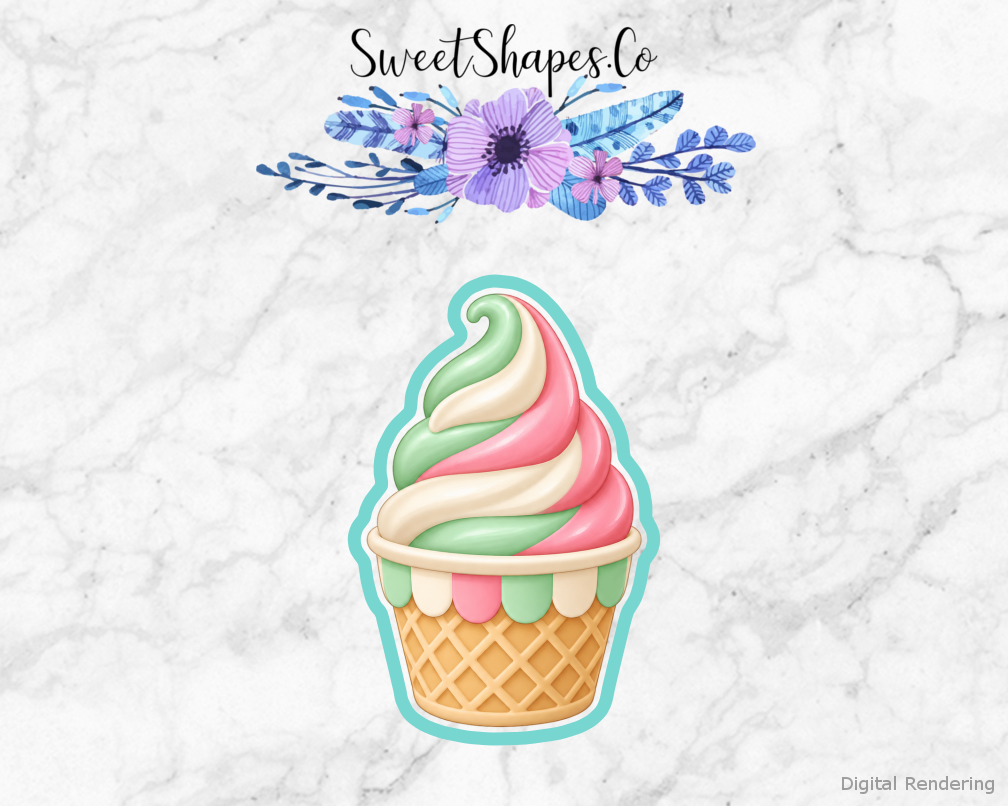 Ice Cream Parlour Soft Serve in Cup cookie cutter artwork with teal cutting outline - part of the Ice Cream Parlour Party set