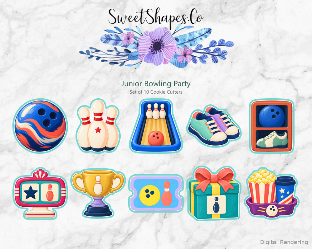 Junior Bowling Party Cookie Cutters - Set of 10 - full colour overview with cutting outlines