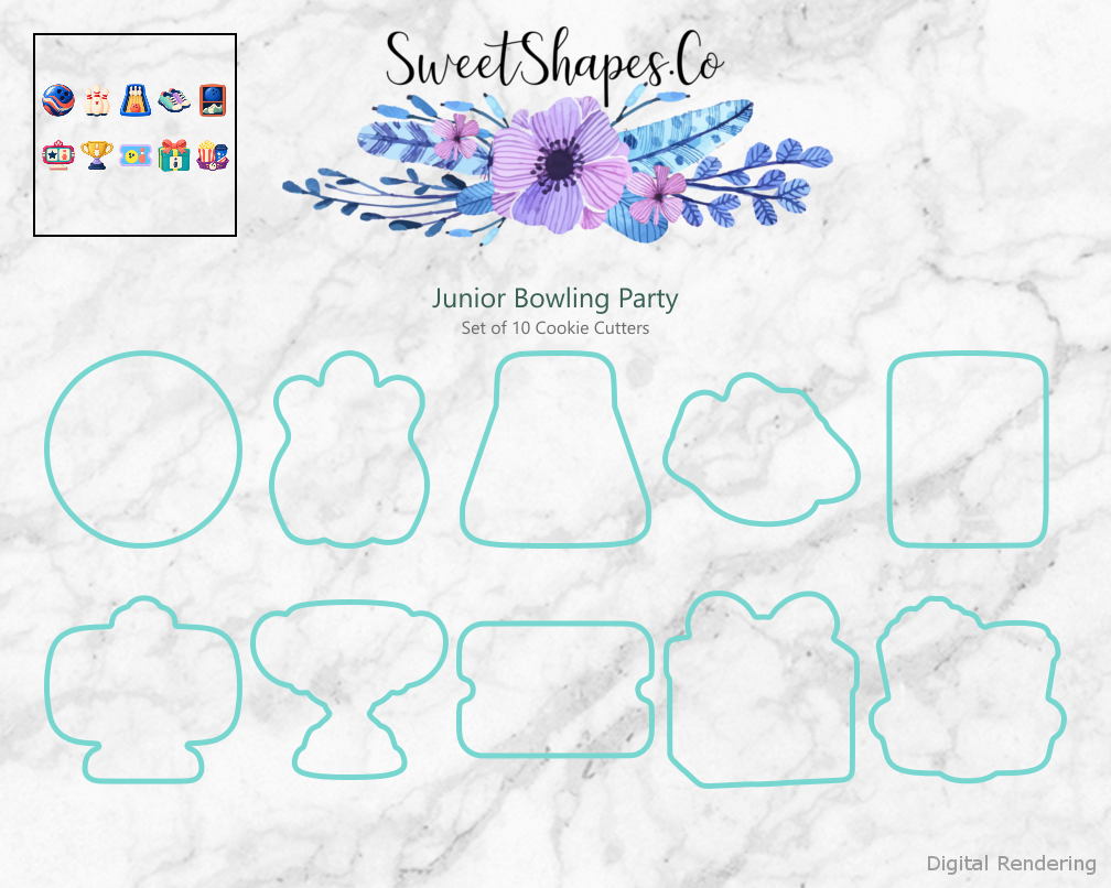 Junior Bowling Party Cookie Cutters - Set of 10 - cutting outline overview