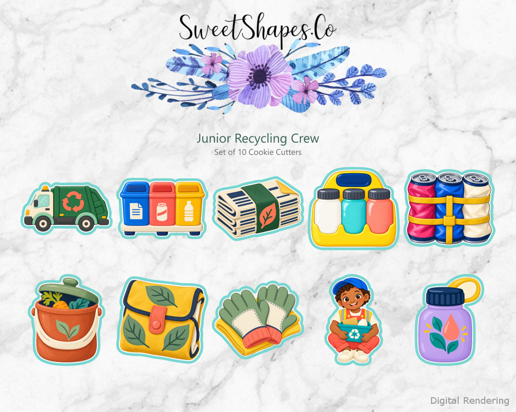 Junior Recycling Crew Cookie Cutters - Set of 10 - full colour overview with cutting outlines