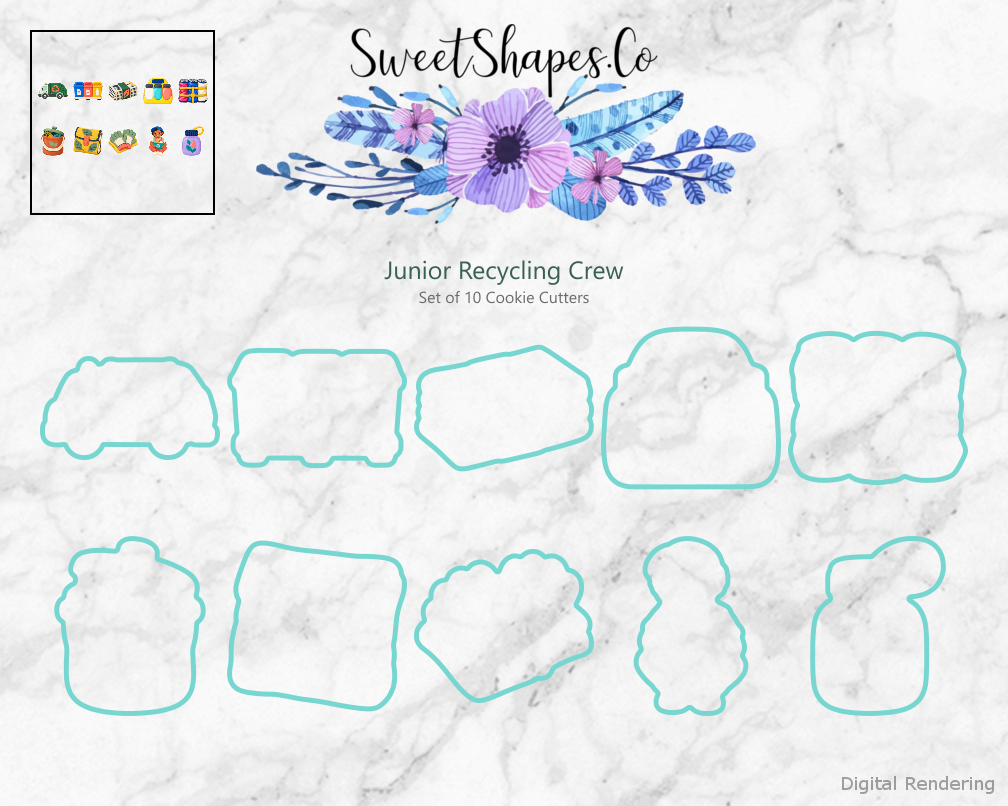 Junior Recycling Crew Cookie Cutters - Set of 10 - cutting outline overview