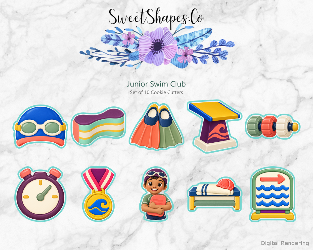 Junior Swim Club Cookie Cutters - Set of 10 - full colour overview with cutting outlines