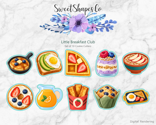 Little Breakfast Club Cookie Cutters - Set of 10 - full colour overview with cutting outlines