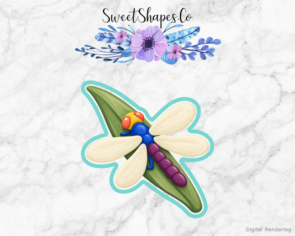 Bug Explorer Dragonfly Reed Rest cookie cutter artwork with teal cutting outline - part of the Little Bug Explorers set