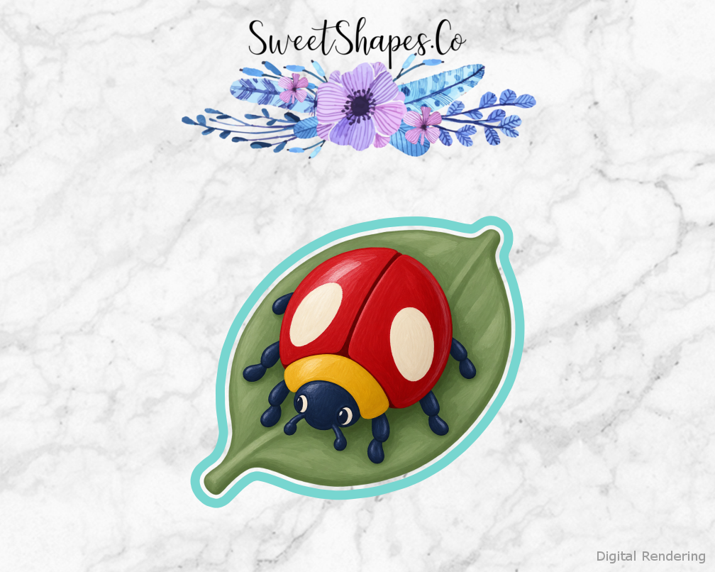 Bug Explorer Ruby Beetle on Leaf cookie cutter artwork with teal cutting outline - part of the Little Bug Explorers set