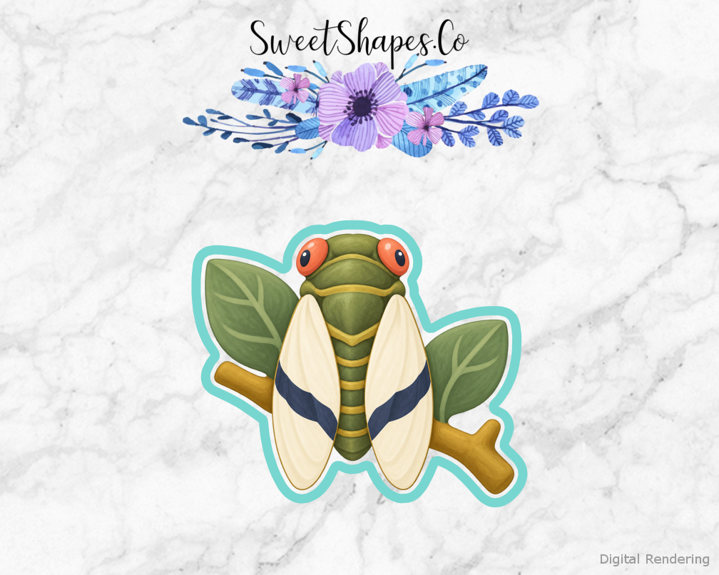 Bug Explorer Cicada on Sprig cookie cutter artwork with teal cutting outline - part of the Little Bug Explorers set