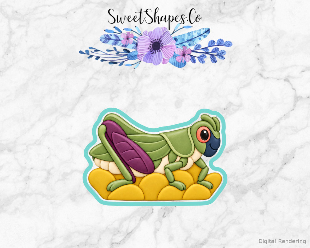 Bug Explorer Grasshopper Grass Clump cookie cutter artwork with teal cutting outline - part of the Little Bug Explorers set