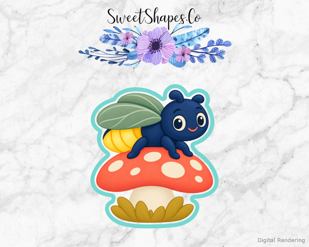 Bug Explorer Firefly Mushroom Cap cookie cutter artwork with teal cutting outline - part of the Little Bug Explorers set