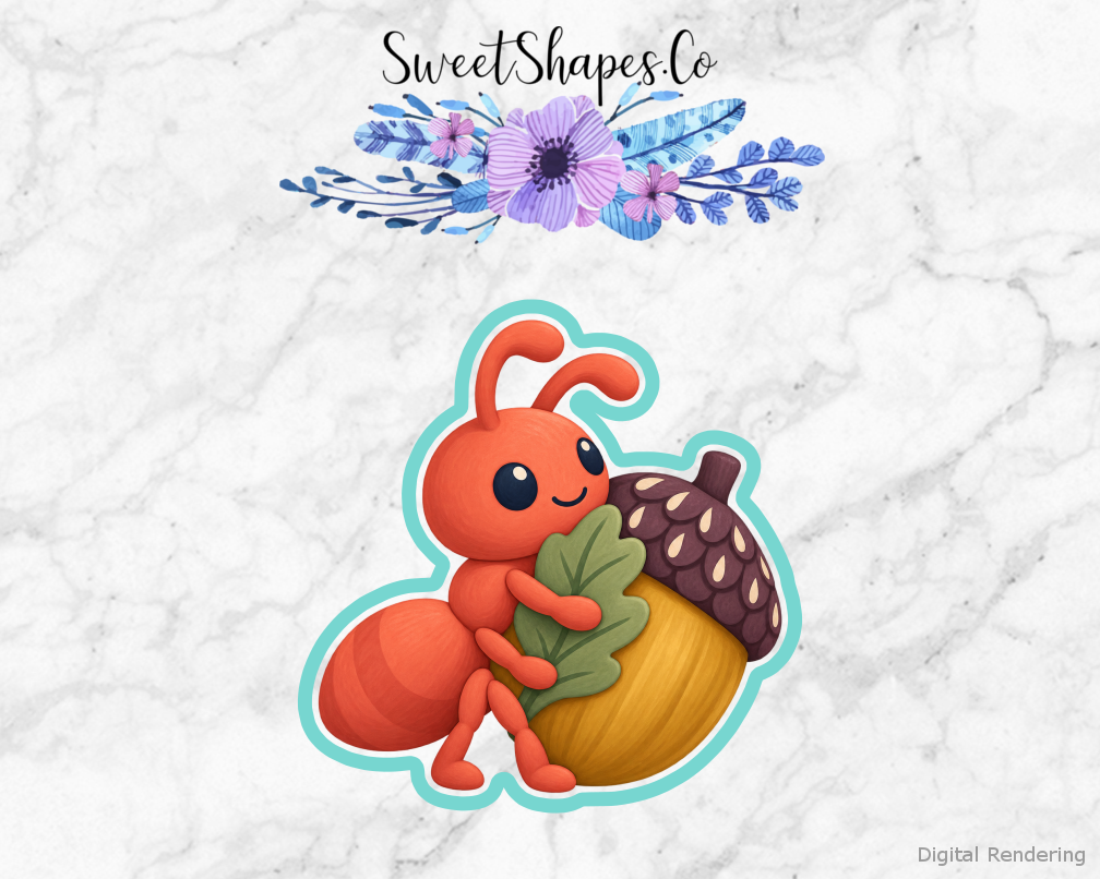 Bug Explorer Ant with Acorn cookie cutter artwork with teal cutting outline - part of the Little Bug Explorers set