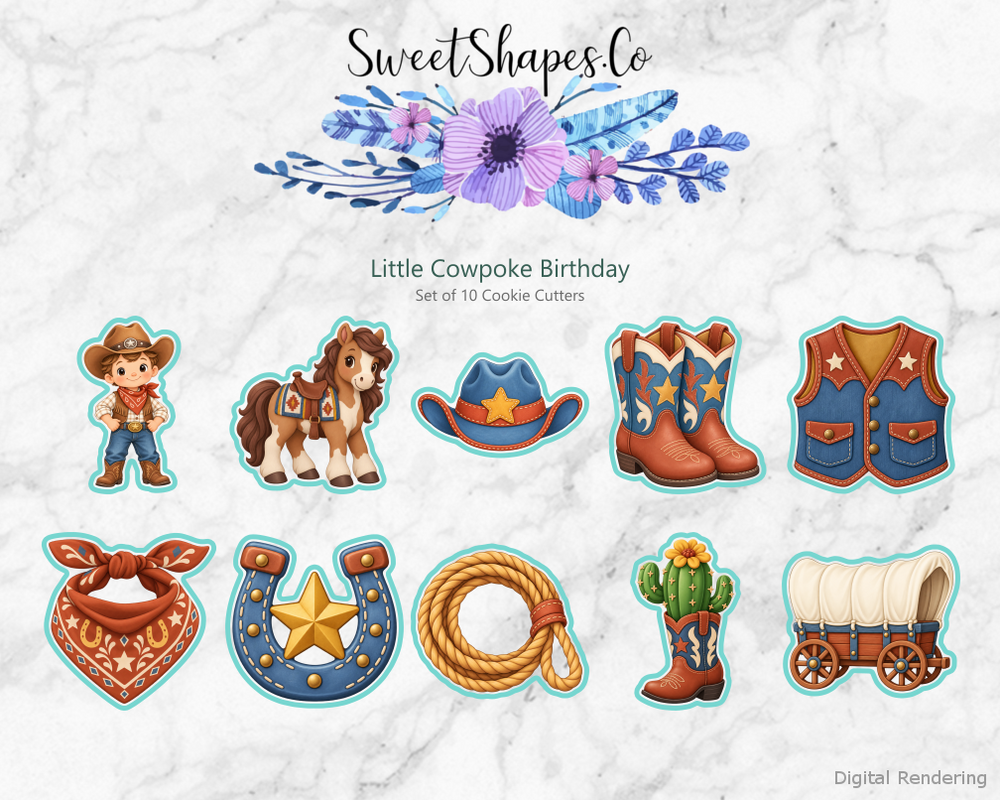 Little Cowpoke Birthday Cookie Cutters - Set of 10 - full colour overview with cutting outlines