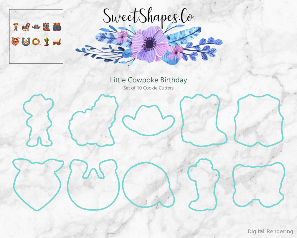 Little Cowpoke Birthday Cookie Cutters - Set of 10 - cutting outline overview